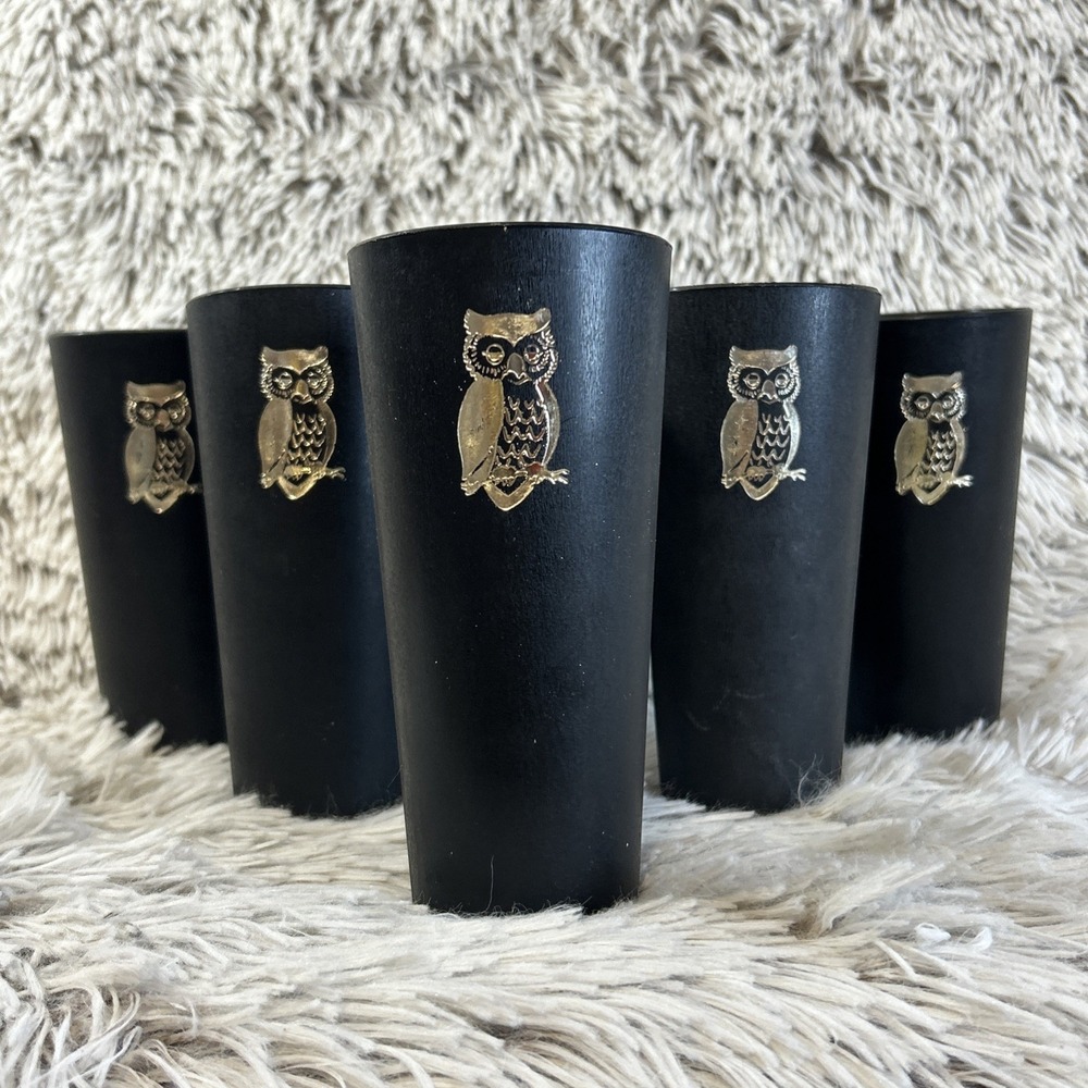 6 Vtg Nasco‎ Black Plastic Drinking Cups Tumblers Gold Owls 70's Grannycore